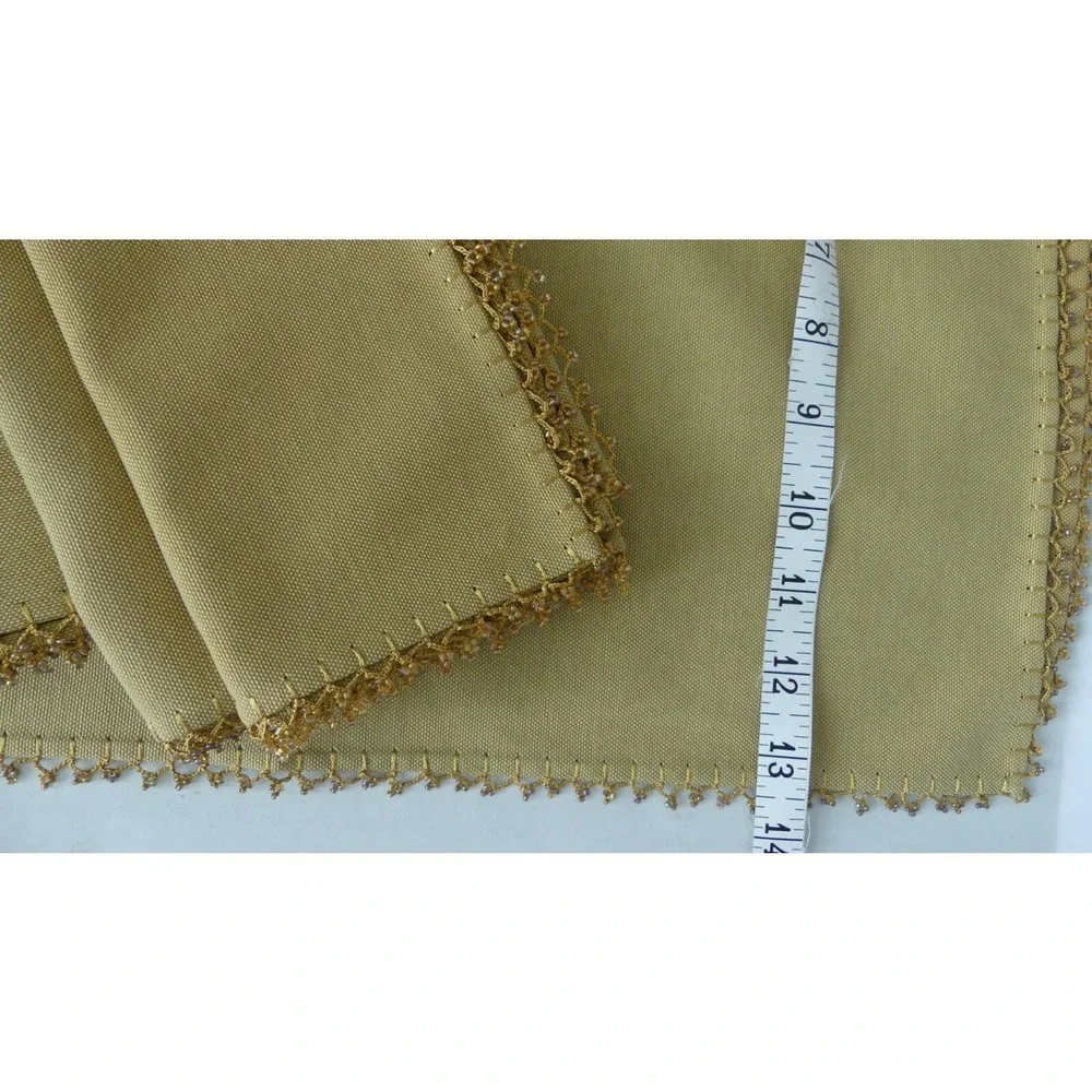 Gold Placemat and Napkin Set 12pc Beaded Crochet Trim Table Linens Service for 6